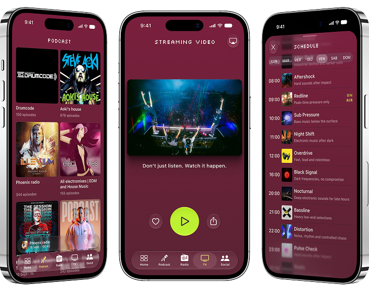 Tre schermate dell'app: podcast, streaming video e palinsesto