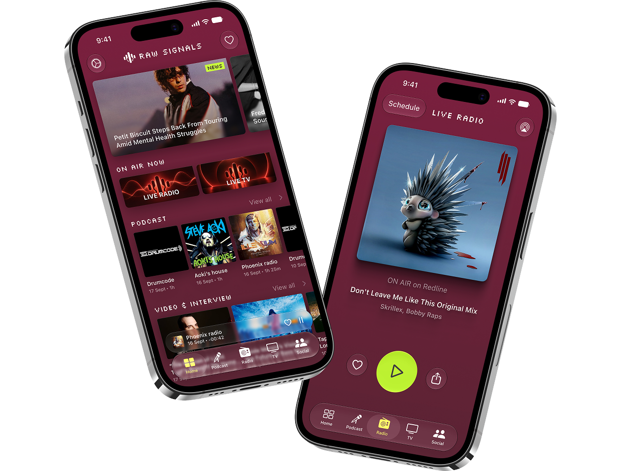 Due smartphone con un'app radio realizzata con Tuniq: home con news e podcast, e player della diretta